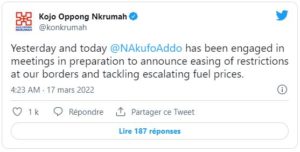 Capture d'écran du tweet officiel du ministre de l'information et de la communication ghanéenne.