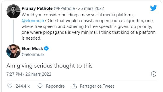 Capture d'écran de la demande d'Elon Munsk de créer son propre réseau socialm