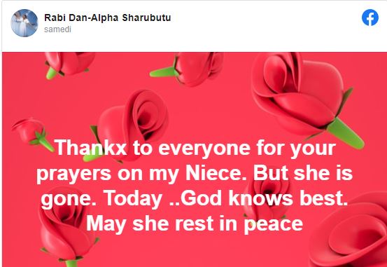 Post du compte Facebook de la tante de Zuweira, annonçant sa mort définitive