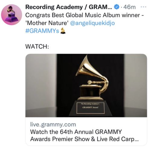 Tweet annonçant la victoire d'Angélique Kidjo.