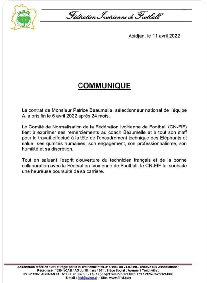 Communiqué de la FIF exprimant la fin de rupture du contrat de Patrice Beaumelle.