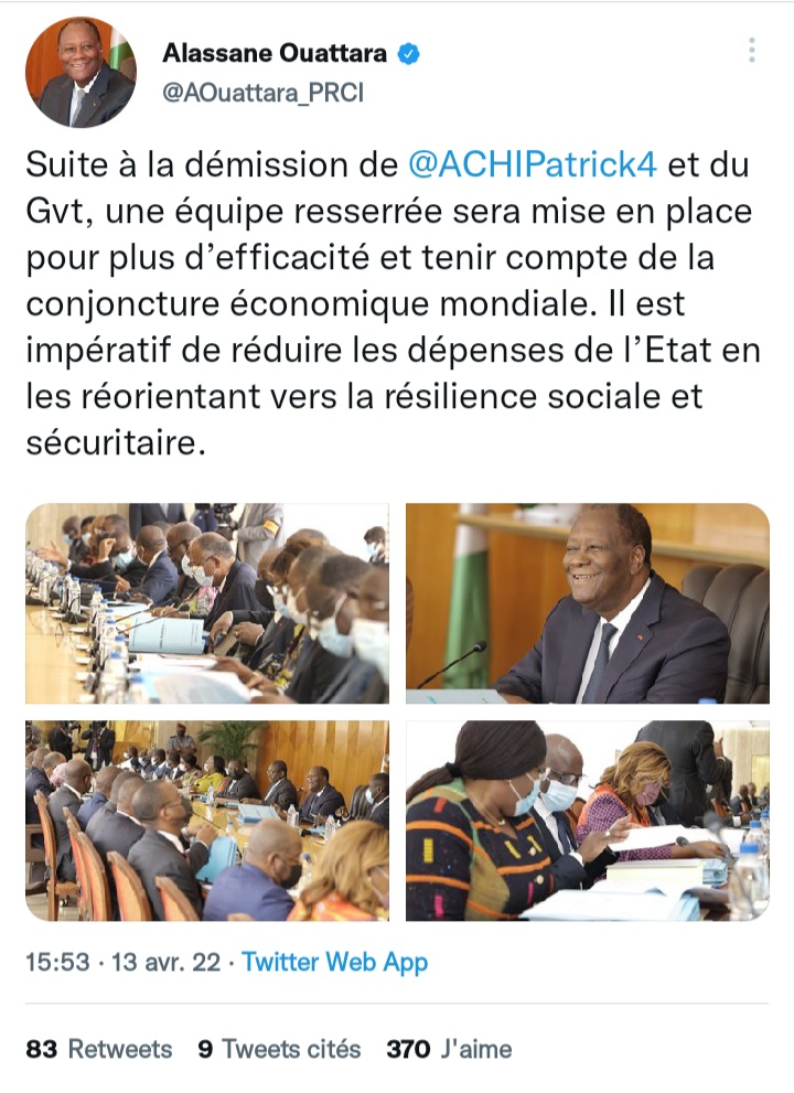 La réponse officielle du président Alassane Ouattara suite à la démission du premier ministre Patrick Achy