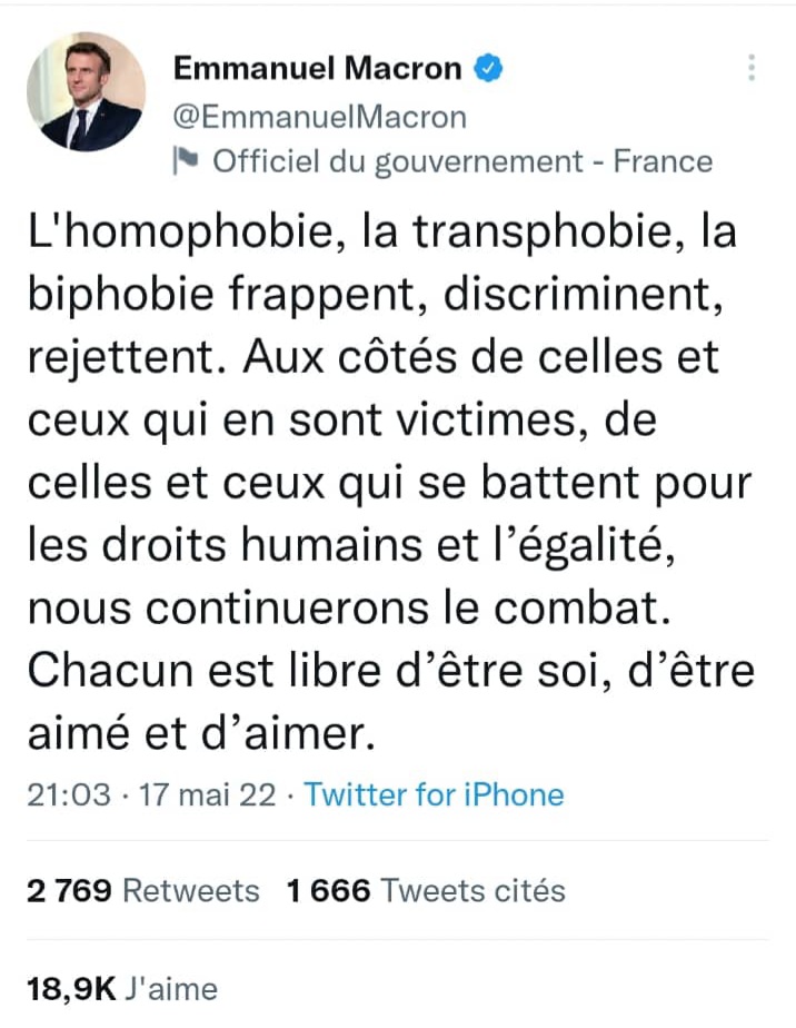 Capture d'écran du tweet du Président de la République Française Emmanuel Macron 