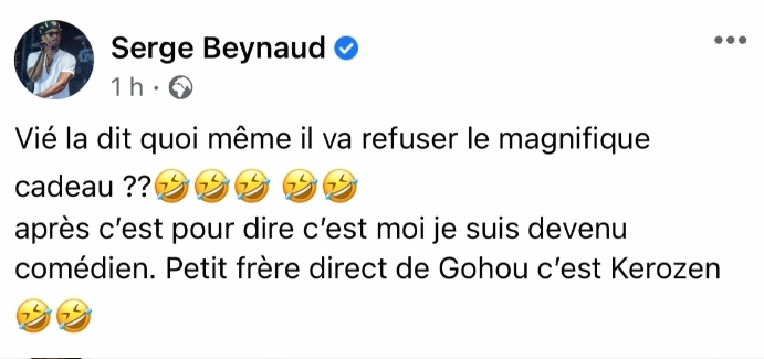 La capture d'écran du commentaire de Serge Beynaud à propos du refus du cadeau de Didier Drogba par Kerozen 