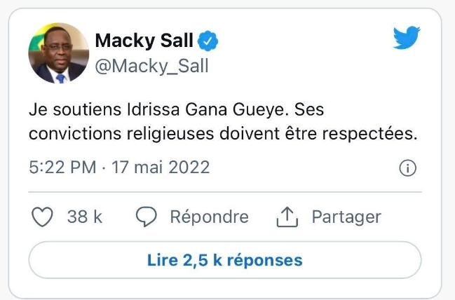 La capture d'écran du tweet du Président de la République Sénégalaise Macky Sall à propos de l'affaire Idrissa Gueye 
