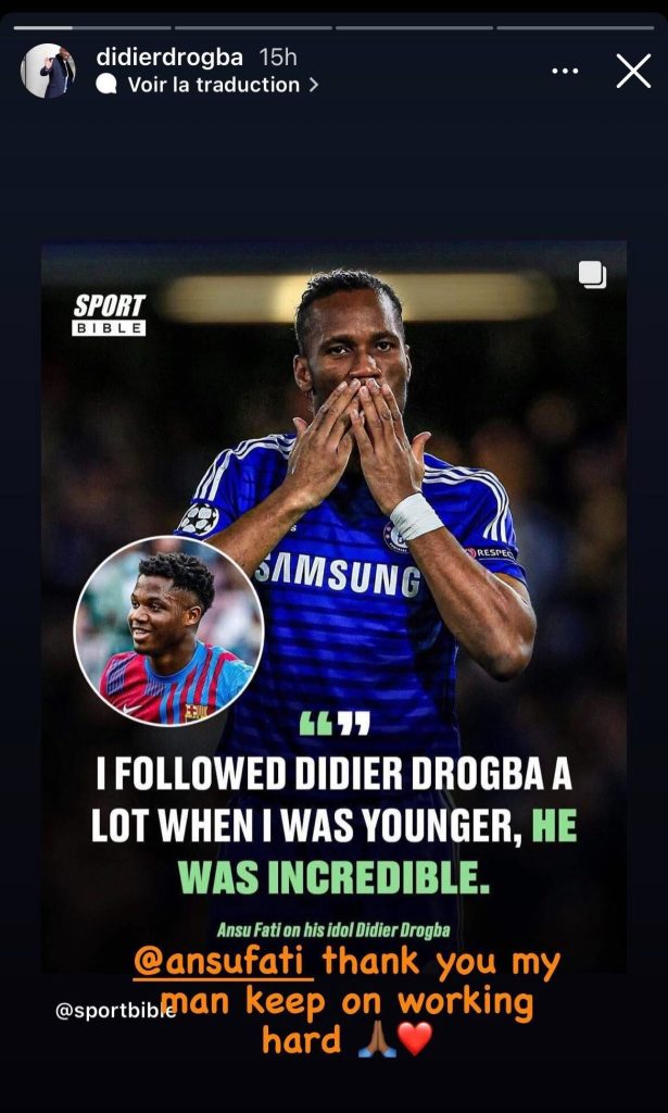 Capture d'écran de la story de Didier Drogba 