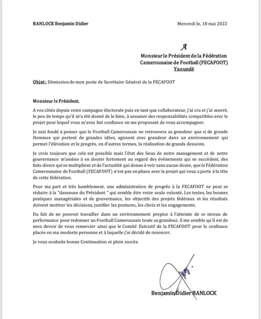 Le fac-similé de la lettre de démission de l'ex-Secrétaire général de la FECAFOOT