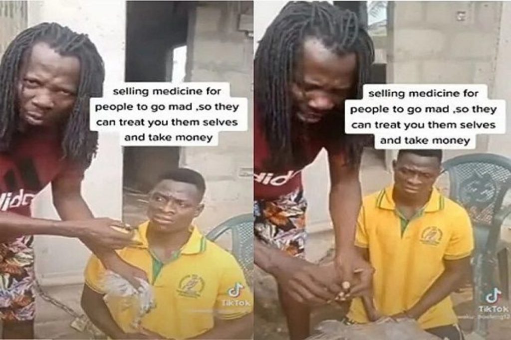 Un vendeur de médicaments togolais qui également connu pour rendre fou ses patients et les soigner contre de fortes sommes d'argent enfin arrêté au Ghana, photo collage de la vidéo 