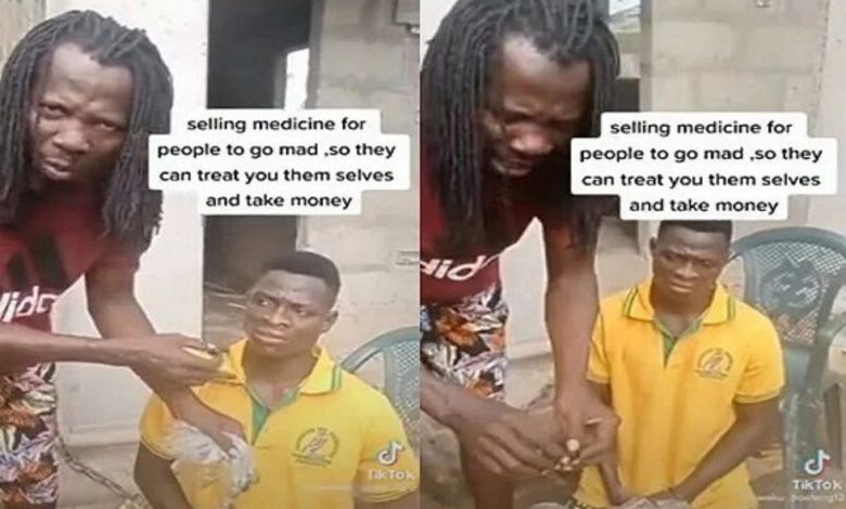 Un vendeur de médicaments togolais qui également connu pour rendre fou ses patients et les soigner contre de fortes sommes d'argent enfin arrêté au Ghana, photo collage de la vidéo