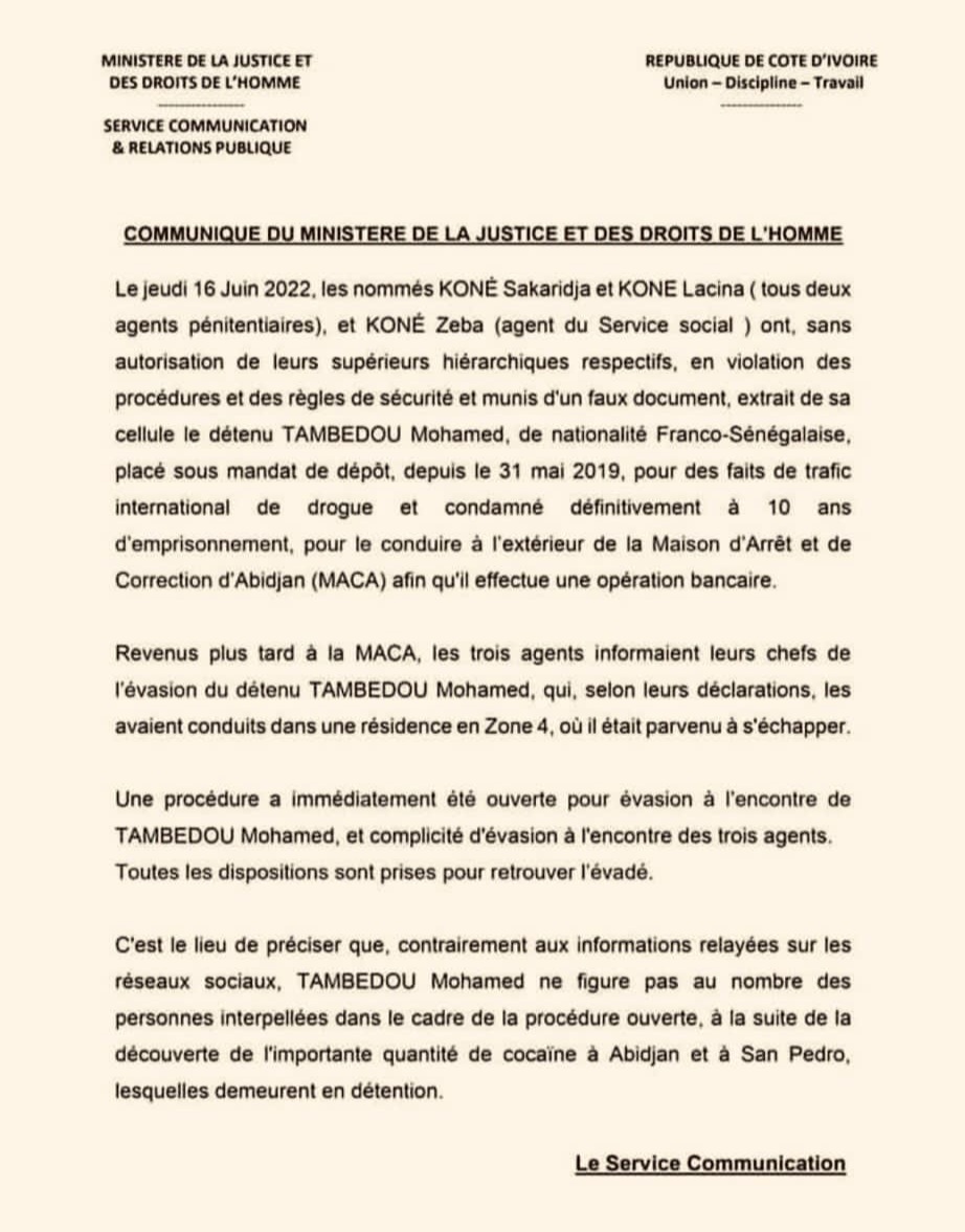 Communiqué du Ministère de la Justice ivoirienne à propos de l'évasion de Tambedou Mohamed 