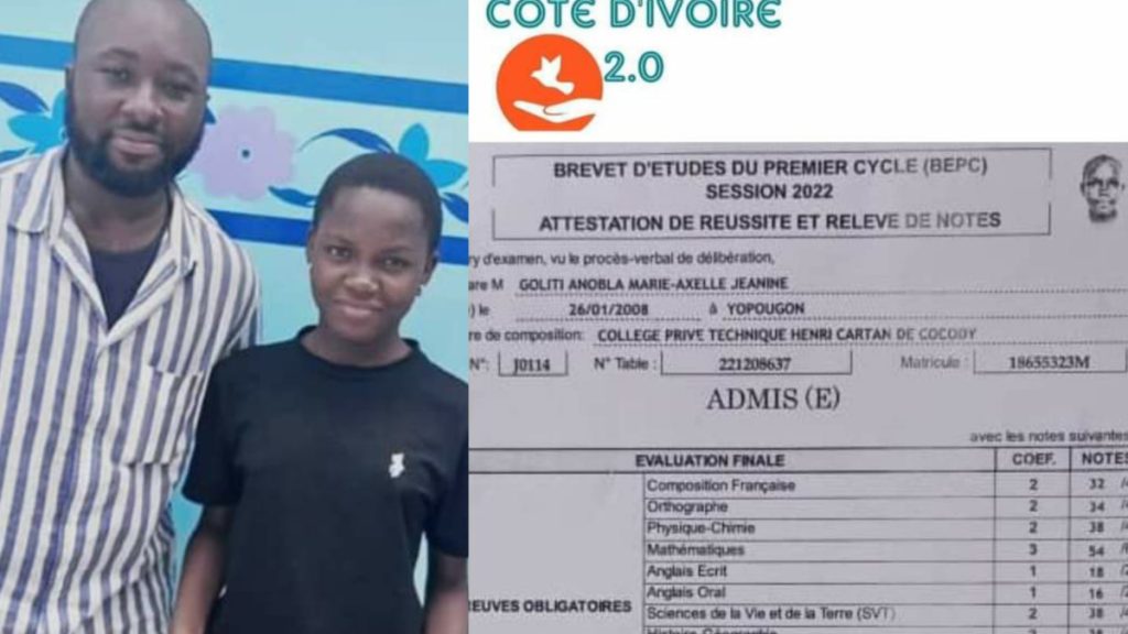Anobla Marie-Axelle, candidate au BEPC session 2022 a été récompensée par la structure Côte d'Ivoire 2.0 pour avoir obtenu 324,74 points.