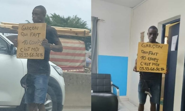 En Côte d’Ivoire, Yapo Yves Yannick écrit sur une pancarte qu’il fait 10 coups et se fait arrêter par la police.