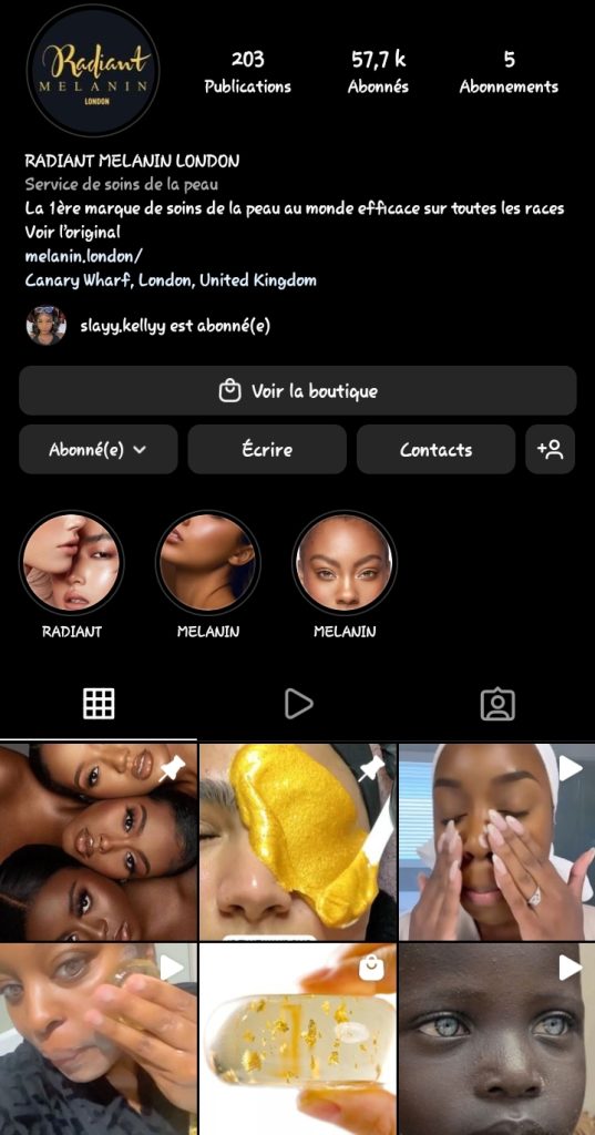 Capture d'écran de la boutique Instagram de Radiant Melanin London montrant bien Bhadie Kelly comme une abonnée de la page 