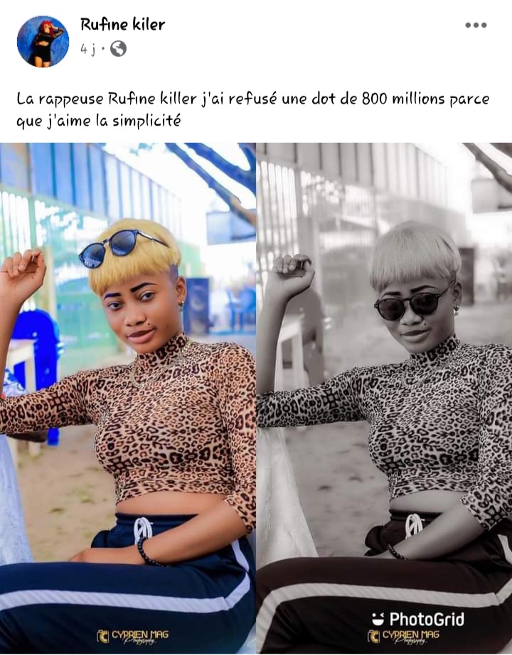 Le post Officiel de la rappeuse Rufine Killer déclarant avoir refusé une dot dispendieuse de 800 millions de francs CFA 