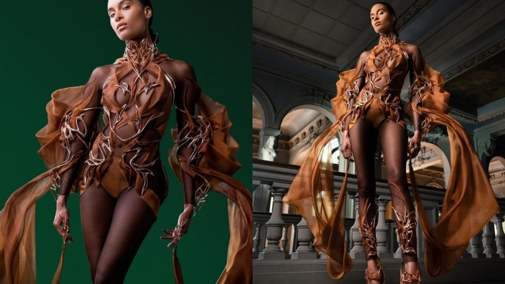 La première robe haute couture faite à base de fèves de cacao usagées présentée à la fashion week 3