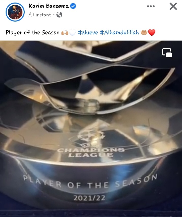Capture d'écran du post Facebook officiel de Karim Benzema annonçant sa distinction de Meilleur joueur de la League des Champions saison 2021-2022 via une vidéo postée sur son compte Facebook certifié 