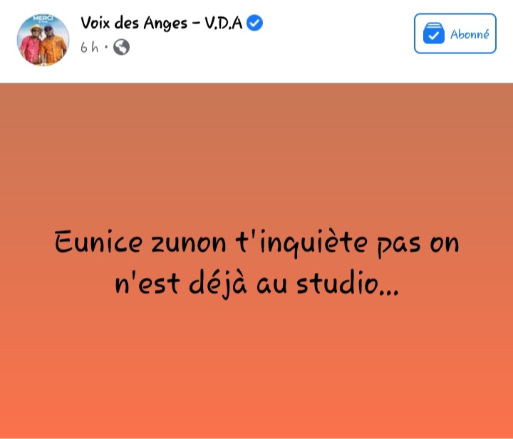 Capture d'écran Facebook du post officiel du groupe VDA annonçant son entrée en studio pour sortir une chanson avec le Buzz d'Eunice Zounon et son fiancé Tenor qui se sont battu il y a un mois 