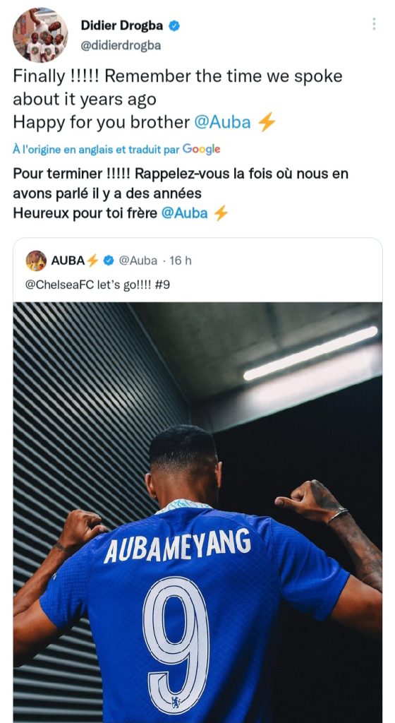 Capture d'écran du tweet officiel de Didier Drogba se prononçant sur la venue de Pierre-Emrick Aubameyang chez les blues de Chelsea 