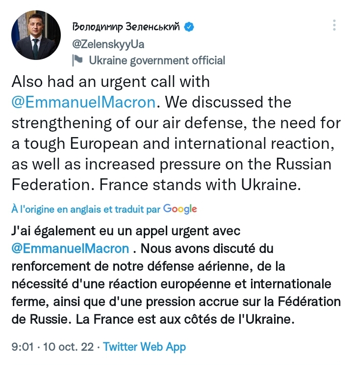 Tweet traduit de Volodymyr Zelensky le 10 Octobre 2022, après les frappes Russes 