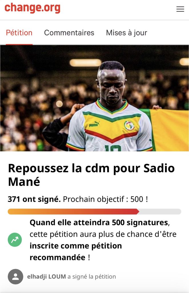 Pétition signée pour que soit repoussée la Coupe du Monde en faveur de Sadio Mané 