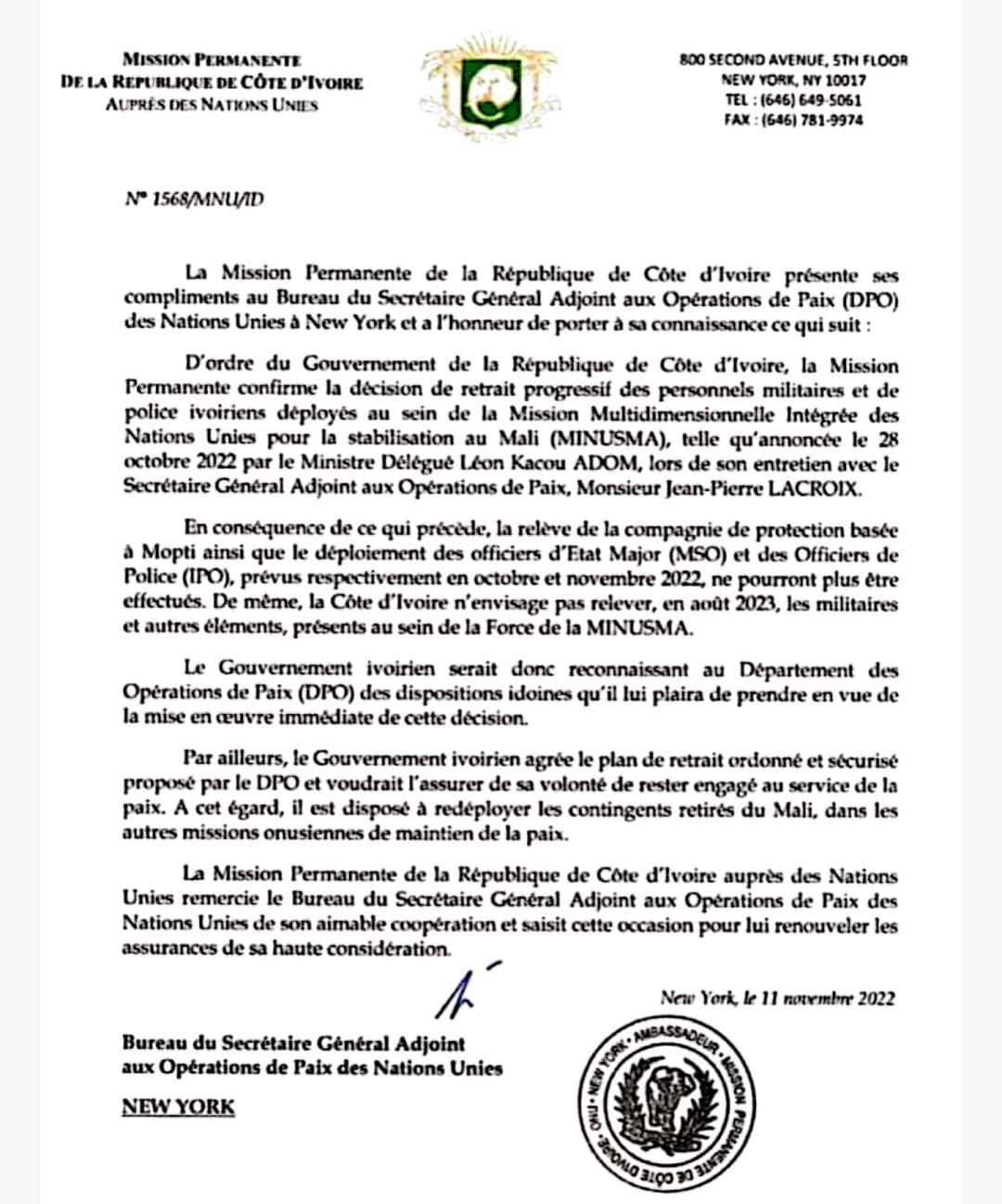 Suite à l'arrestation et à l'accusation des 49 militaires ivoiriens au Mali, la Côte d'Ivoire annonce le retrait de ses forces de la Minusma.