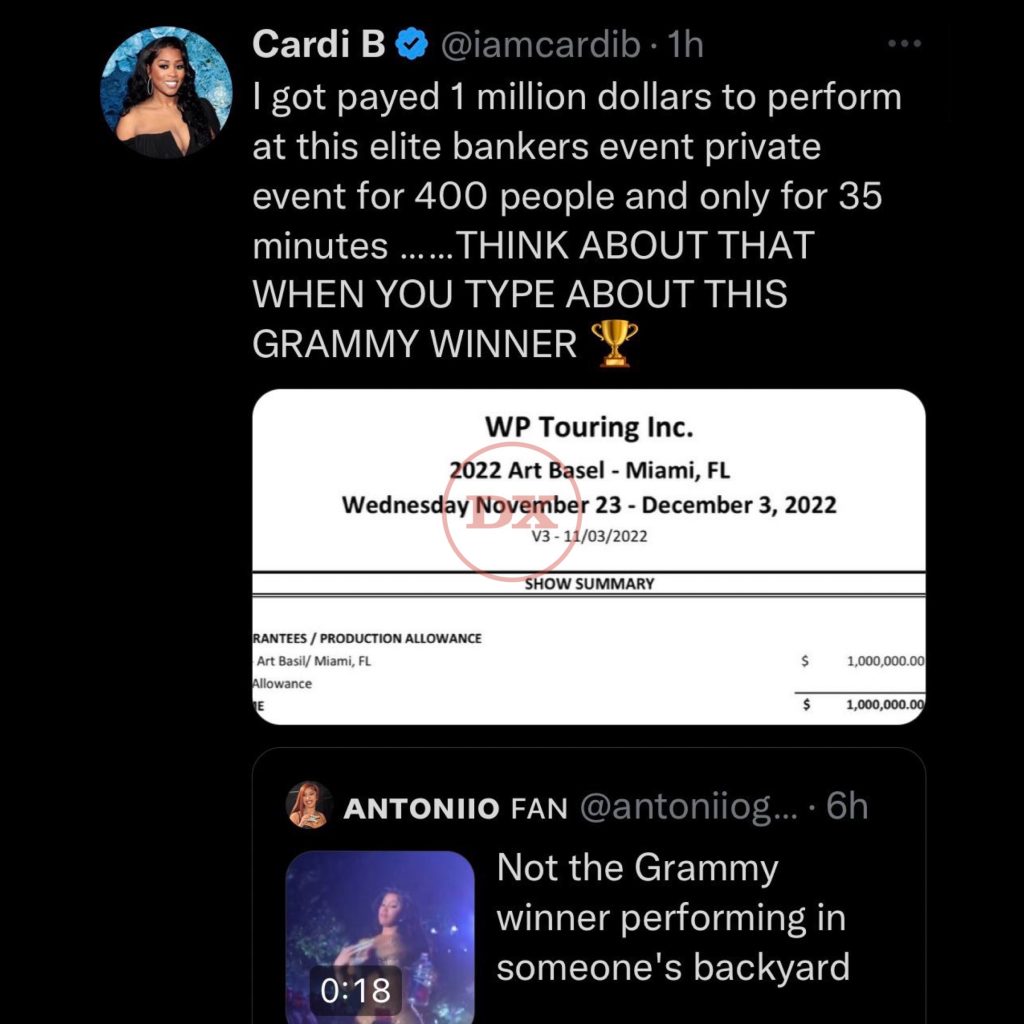 Le Tweet de Cardi B affirmant avoir reçu la somme de 1 million de dollars pour sa prestation lors d'un concert privé. 