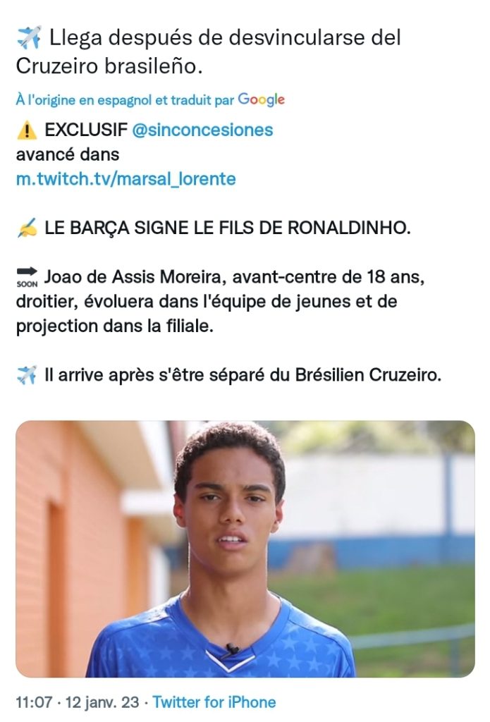 Le fils de Ronaldinho est dans la ligne de mire du Barcelone 