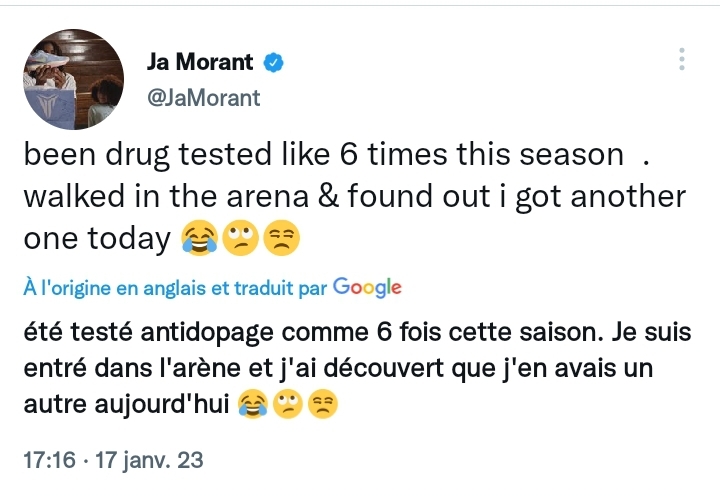Ja Morant se plaint d'un 7 ème test anti dopage consécutif 