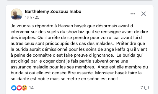 Capture d'écran du post de Barthélémy Zouzoua Inabo recadrant de manière véhémente le philanthrope Hassan Hayek 