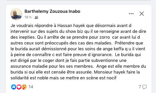 Capture d'écran du post de Barthélémy Zouzoua Inabo recadrant de manière véhémente le philanthrope Hassan Hayek