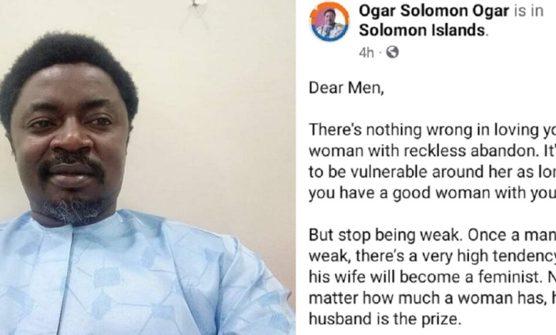 Ogar Solomon, un journaliste de renom donne un conseil aux hommes et suscite la polémique ainsi que la fureur des femmes mariées.