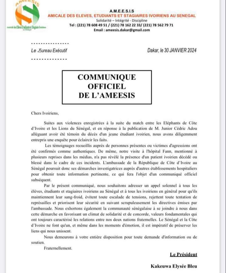 Communiqué de l'Ambassade ivoirienne au Sénégal