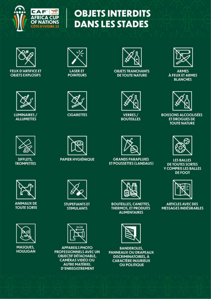 Liste des objets interdits dans les Stades qui abriterons les matchs de la CAN 2023