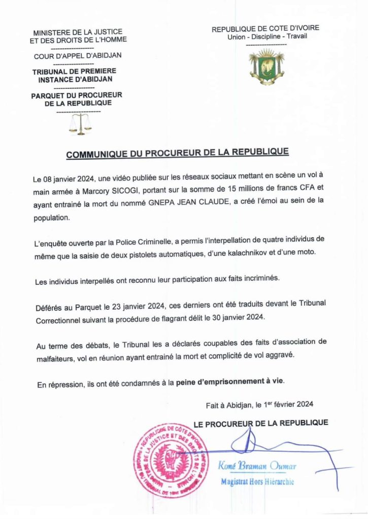Communiqué du procureur de la République de Côte d'Ivoire concernant le braquage déroulé à SICOGI Marcory 