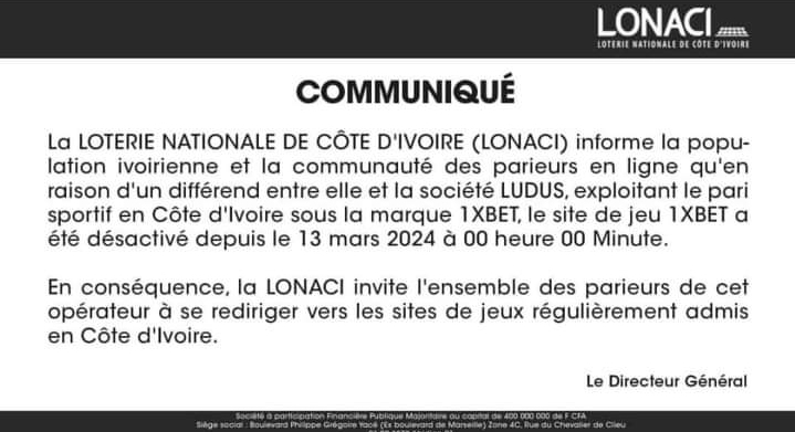 Communiqué de la LONACI annonçant la désactivation du site de Pari sportif 1XBET.